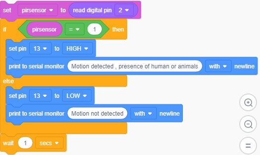 CODE BLOCKS FOR PIR SENSOR AND ARDUINO IN TINKERCAD