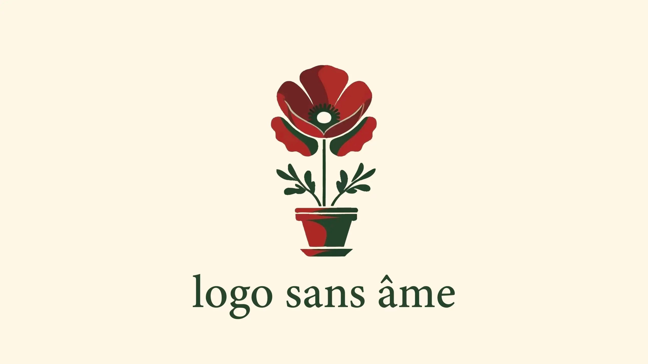 Illustration d’un logo générique représentant une fleur rouge dans un pot, sur fond beige, avec la mention “logo sans âme”. Exemple visuel partagé par Pilea Studio pour illustrer les limites des logos réalisés avec Canva, souvent impersonnels et déconnectés de l’identité de marque.