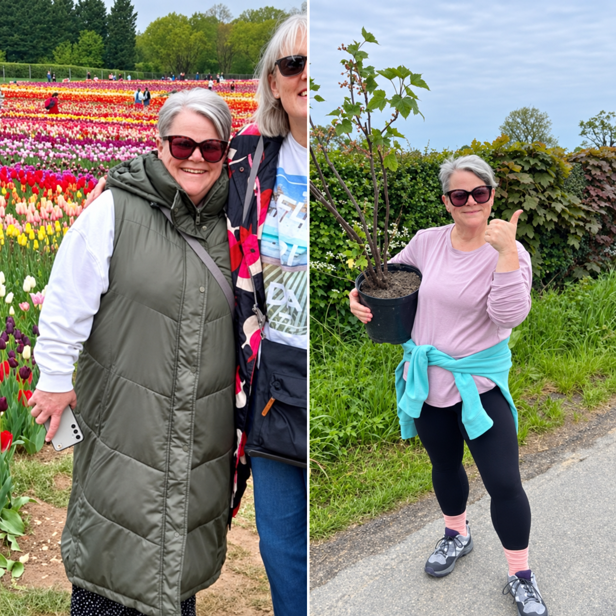 Kimmy pictured at a tulip garden and outdoors holding a young tree during her ongoing journey