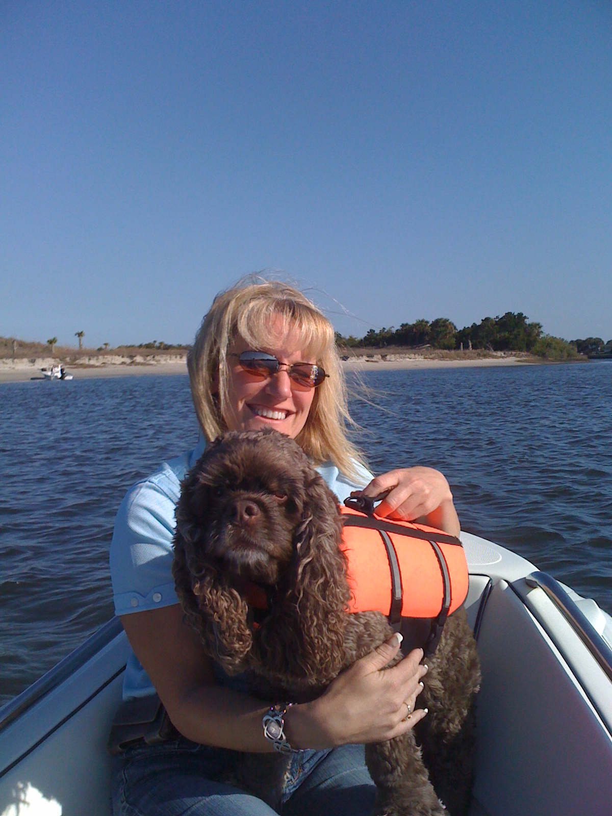 Theresa & Patton in the dinghy