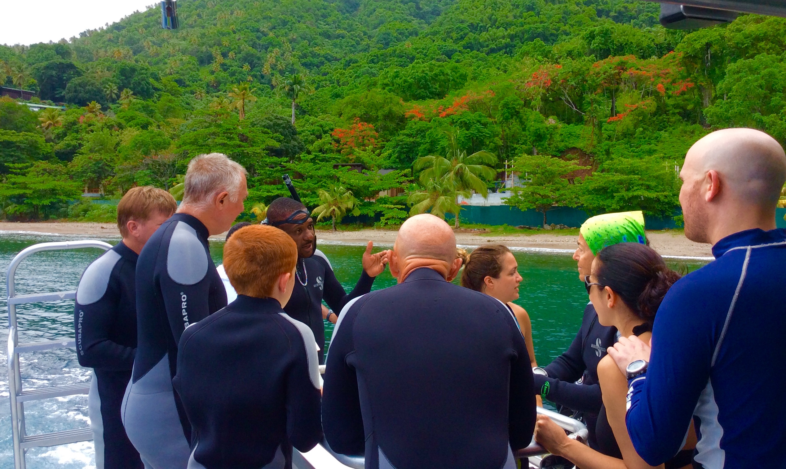 Randy, Ryan, John, Paulette, et. al, getting ready to dive the Pitons in St. Lucia