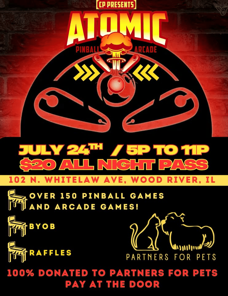 Flyer for Atomic Pinball's Pinball for Partners event that will raise money for the Partners 4 Pets animal rescue.