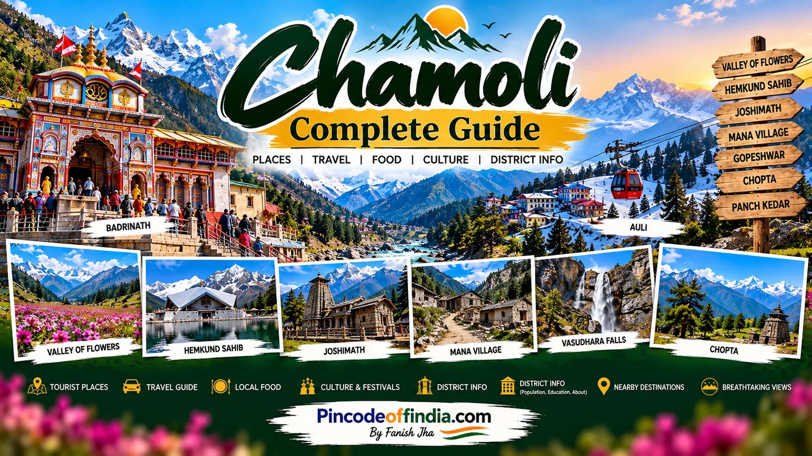 Chamoli Complete Guide 2026 featuring Badrinath, Valley of Flowers, Auli, Hemkund Sahib, Mana Village and Himalayan views