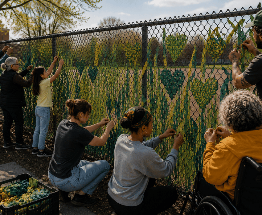 People working on weaving hearts on a chainlink fence
