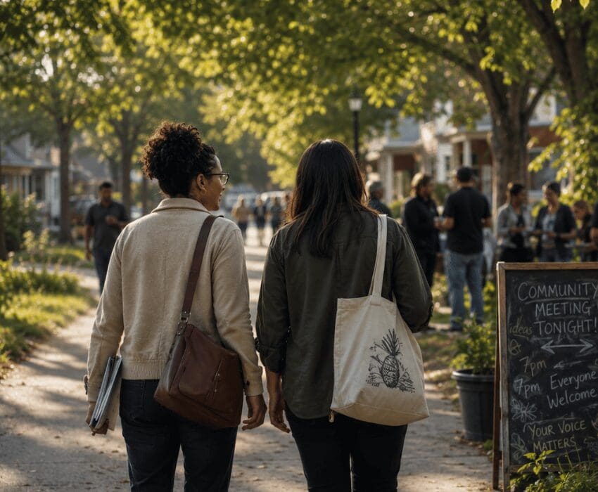 two women walking up to a community meeting