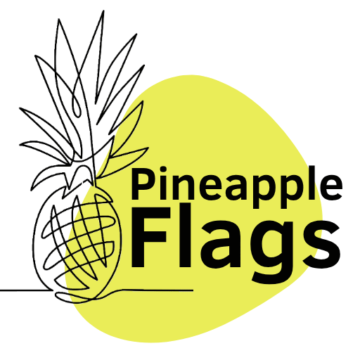 Pineapple Flags Logo with a line drawing of a pineapple, green blob and back lettering that says Pineapple Flags