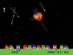 Thwaite NES gameplay screenshot with a city under missile attack