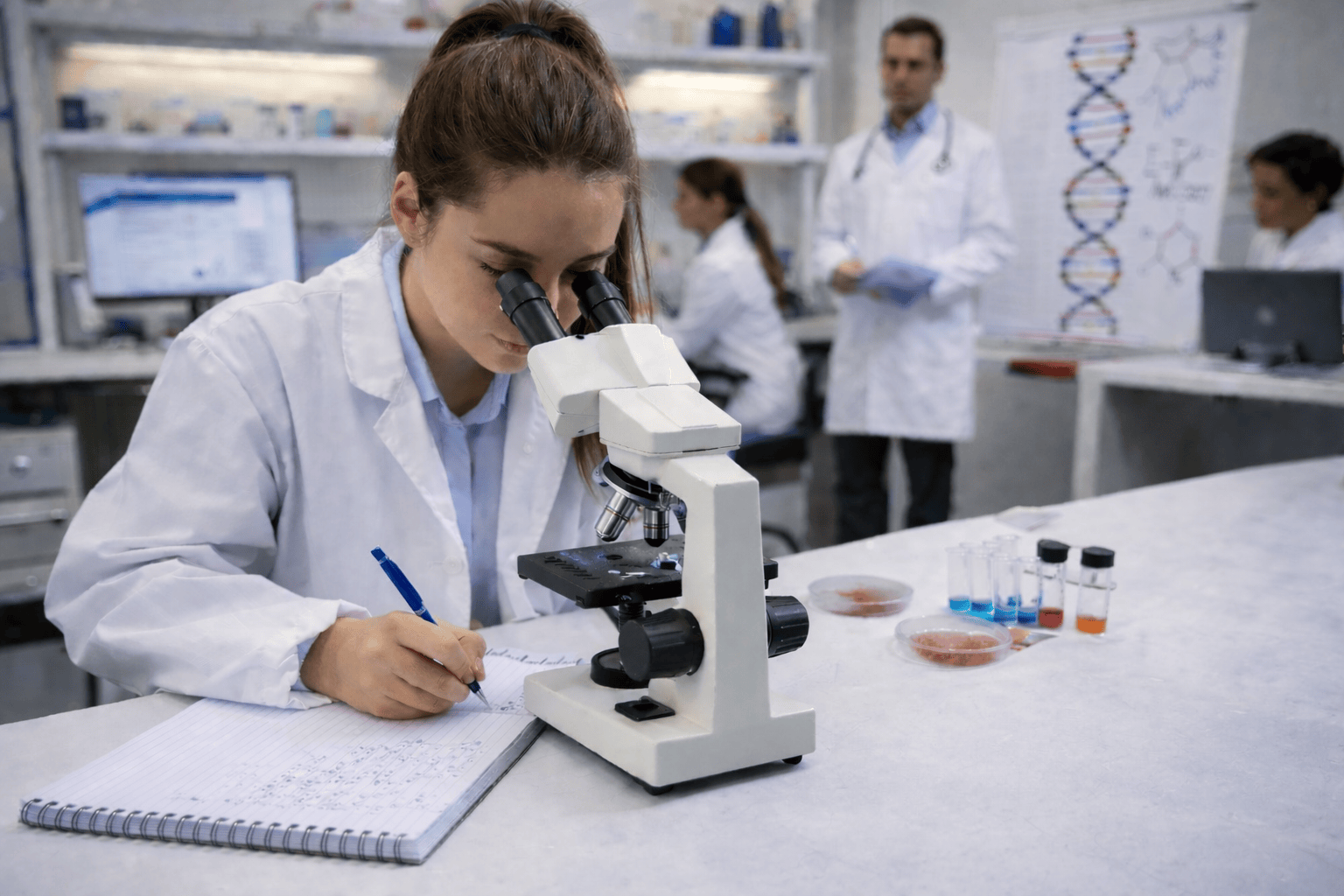 Student using a microscope and taking notes in a forensic science lab