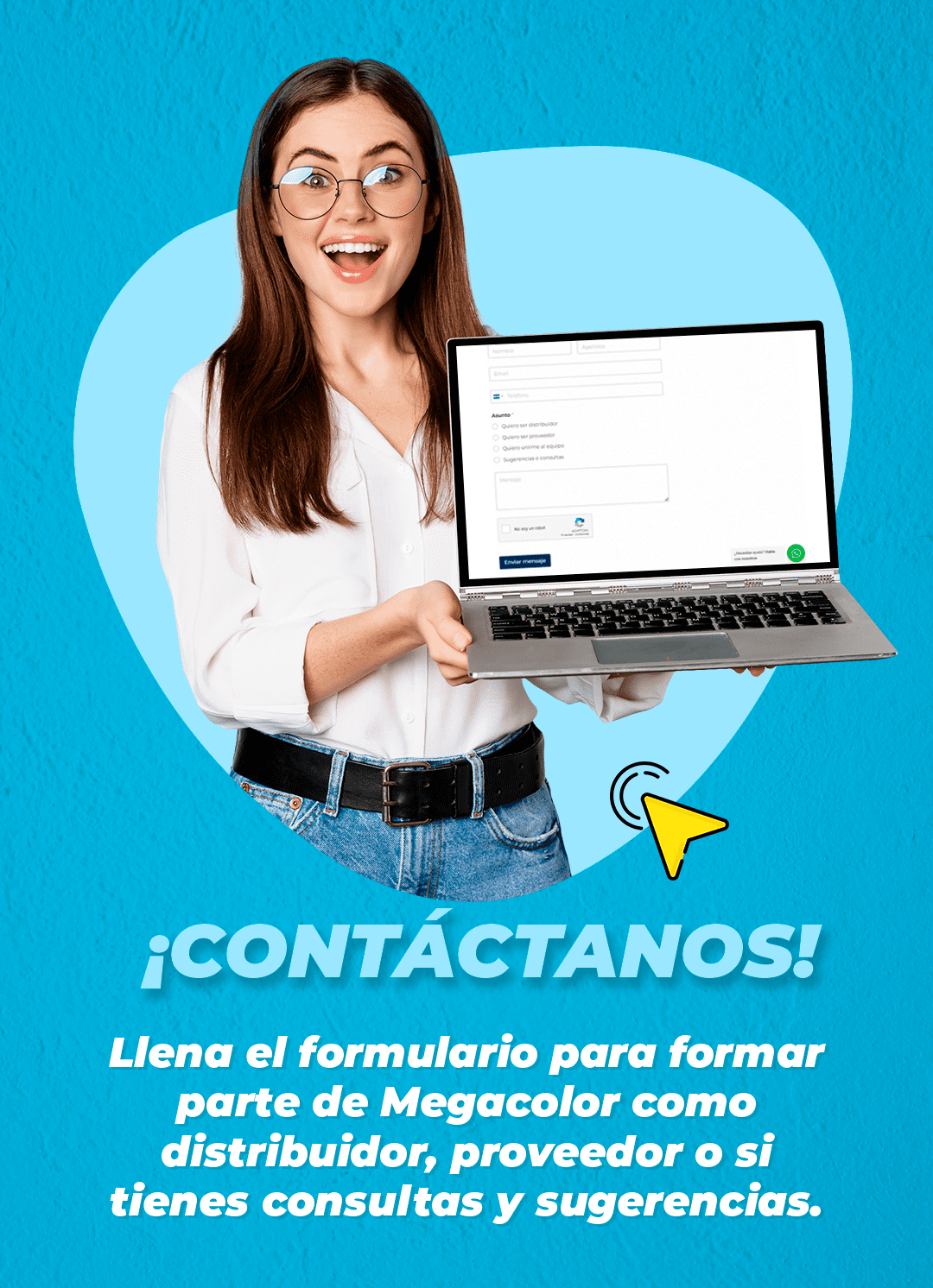 Banner de contacto para Pinturas Megacolor mostrando una ilustración de pinceles y latas de pintura con información de contacto y un llamado a la acción.