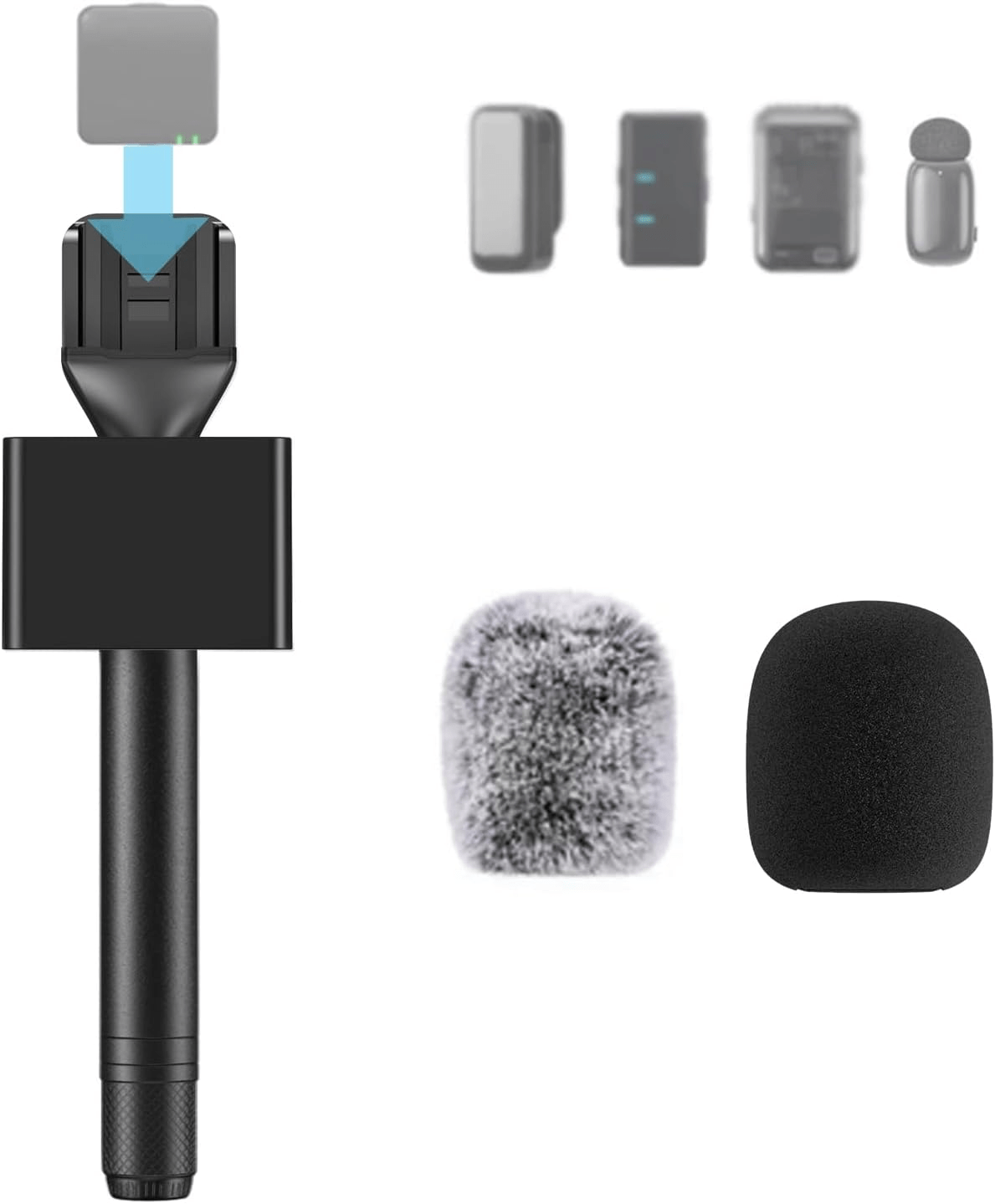ZealSound Handheld Interview Microphone Adapter, Wireless Lavalier Transmitter Handle with Flag, Furry Windscreen & Foam, Compatible with DJI Mic Mini/Mic 2/3, Rode Wireless GO 2/3, Hollyland, BOYA
