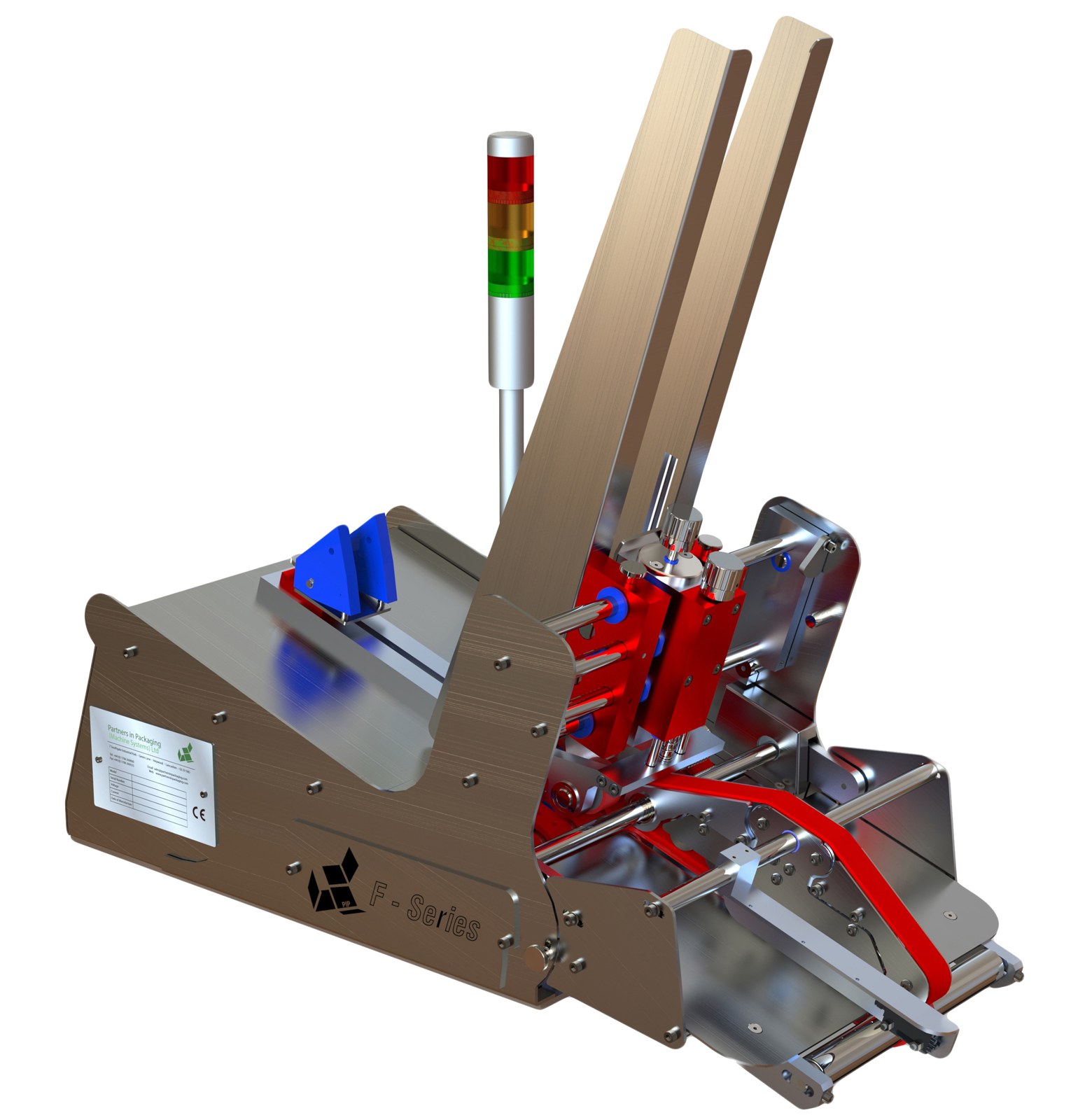 The PiP F Series card feeder, with every operator adjustment point anodised red for tool-less changeover.