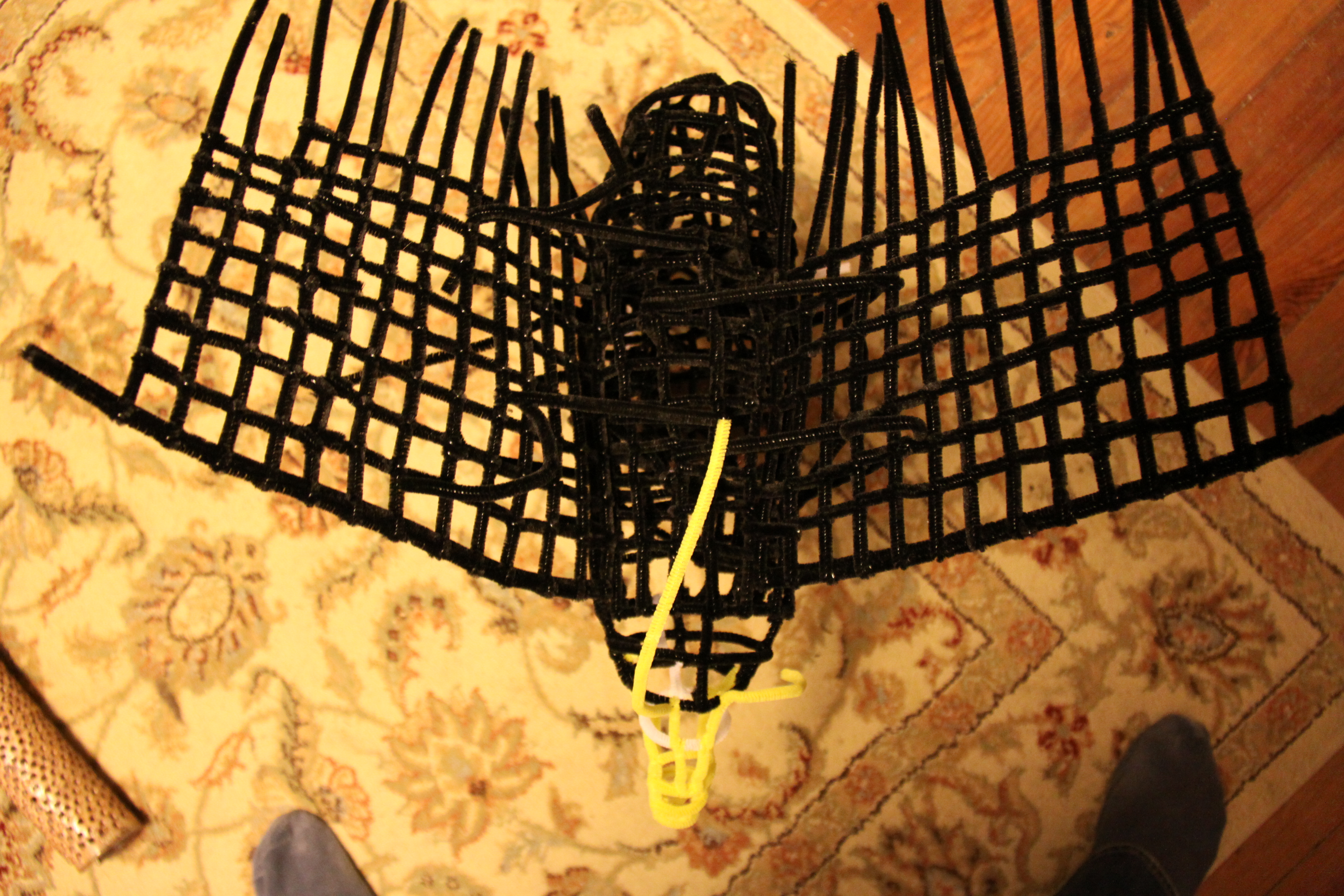 Pipe cleaner eagle frame under construction, showing the top of the bird and wings