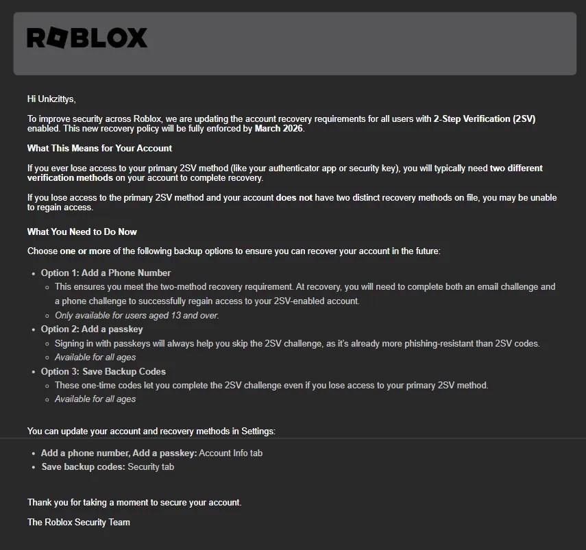 Add Multiple Recovery Methods To Your Roblox Account Before March 2026 Roblox 2sv Recovery Method Email.webp