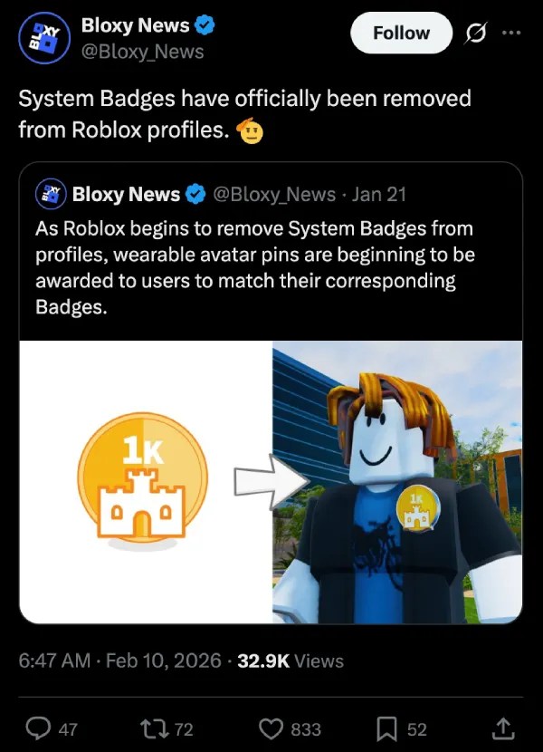 End Of An Era Arrives As Roblox Removes System Badges From Profiles Roblox System Badges Removed Post 1.webp