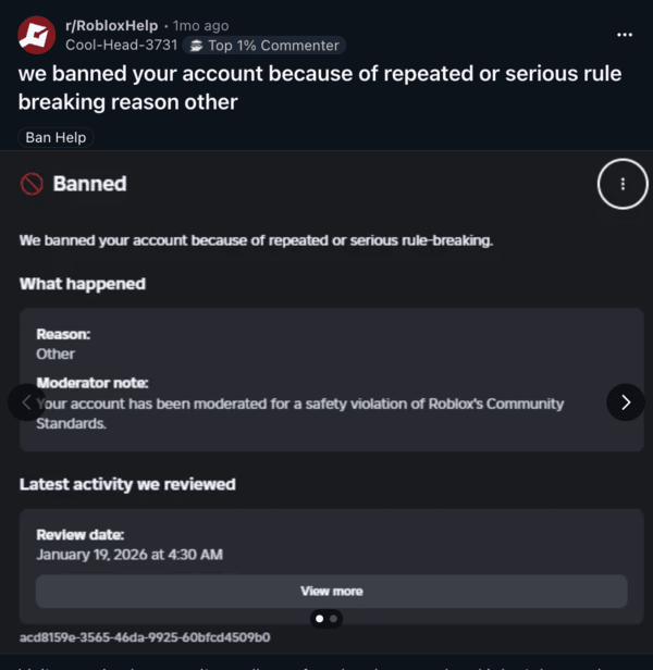 Roblox Imposes Heavy Moderation Several Players Hit By Ban Wave Roblox Random Bans Reddit Post Screenshot 