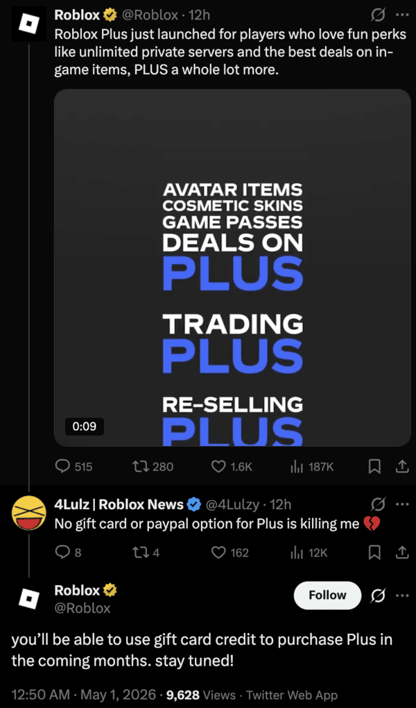 Roblox Plus Launches New 4 99 Tier Replaces Premium As DevEx Rates Soar Roblox Plus Screenshot X Post 