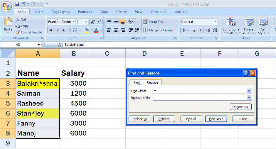 Find and Replace wildcard character in Excel 2007 pivotronics