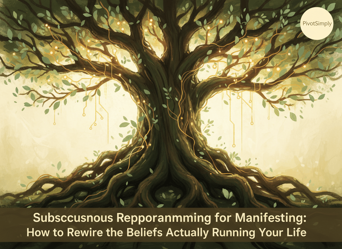 Tree roots reshaping into glowing new growth patterns, symbolizing subconscious reprogramming for manifesting through neuroplasticity