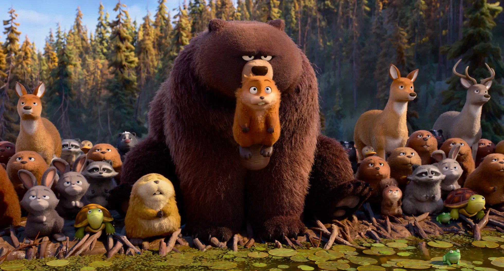 Image of animal characters with Mabel in the mouth of a bear.