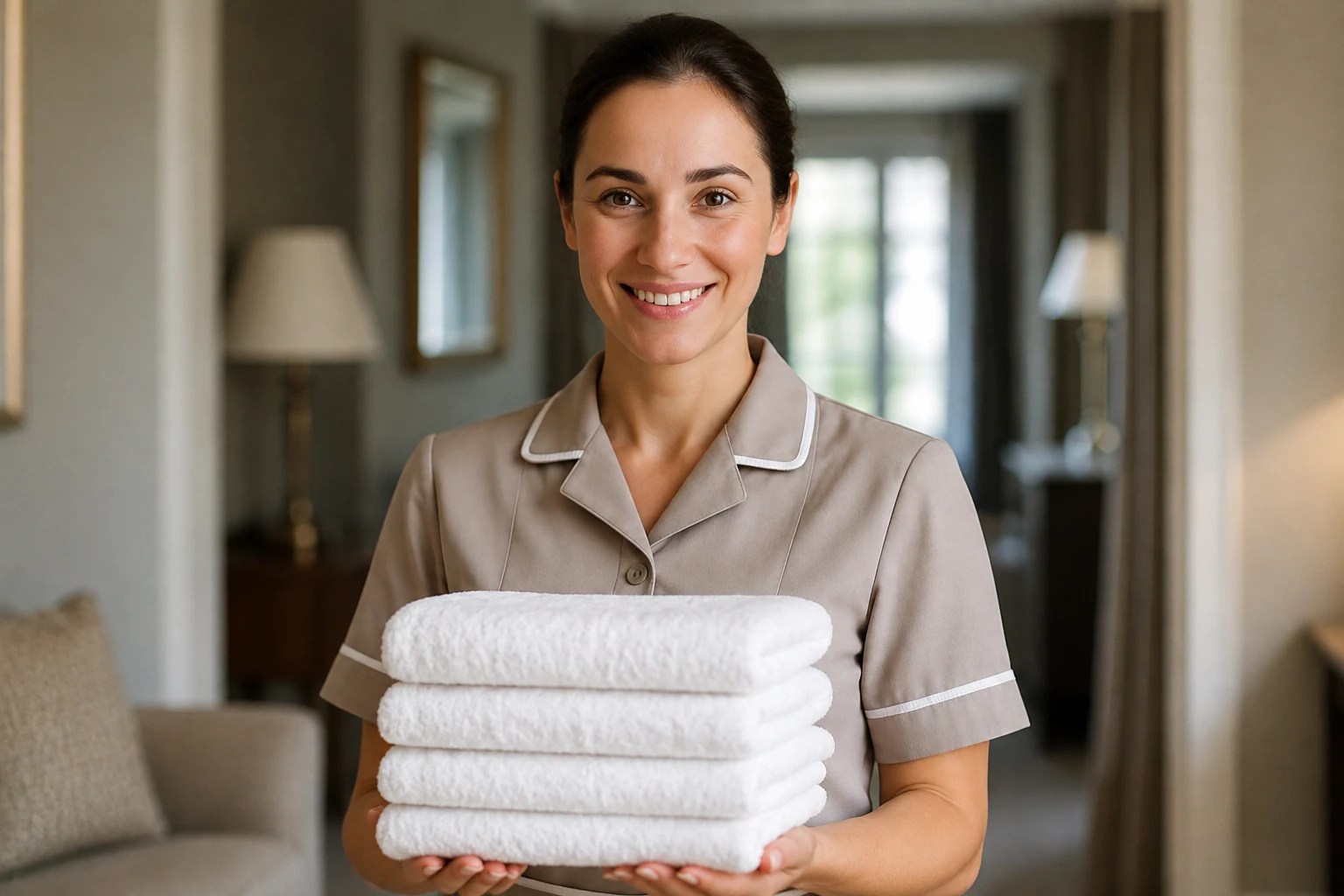 Private household professional laundress in beige uniform holding folded towels - representing luxury private household careers with Pixbo.