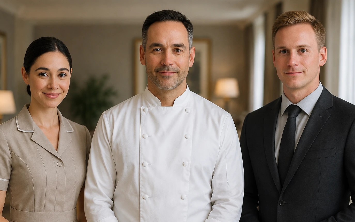Three private staff professionals including a chef, hospitality staff, and formal household manager - representing trusted private household staff recruitment by Pixbo Private Staff.