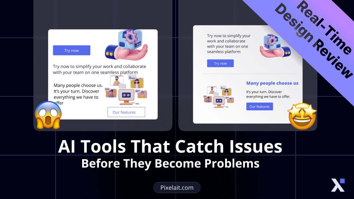 Two design interface mockups showing collaboration features with "Real-Time Design Review" text overlay and Pixelait.com branding