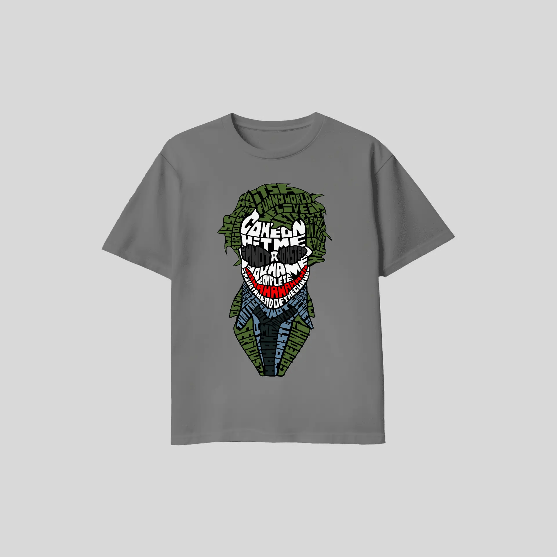 Joker word art graphic t-shirt featuring colorful typography face design, available in grey, black, and white with premium DTF print streetwear style