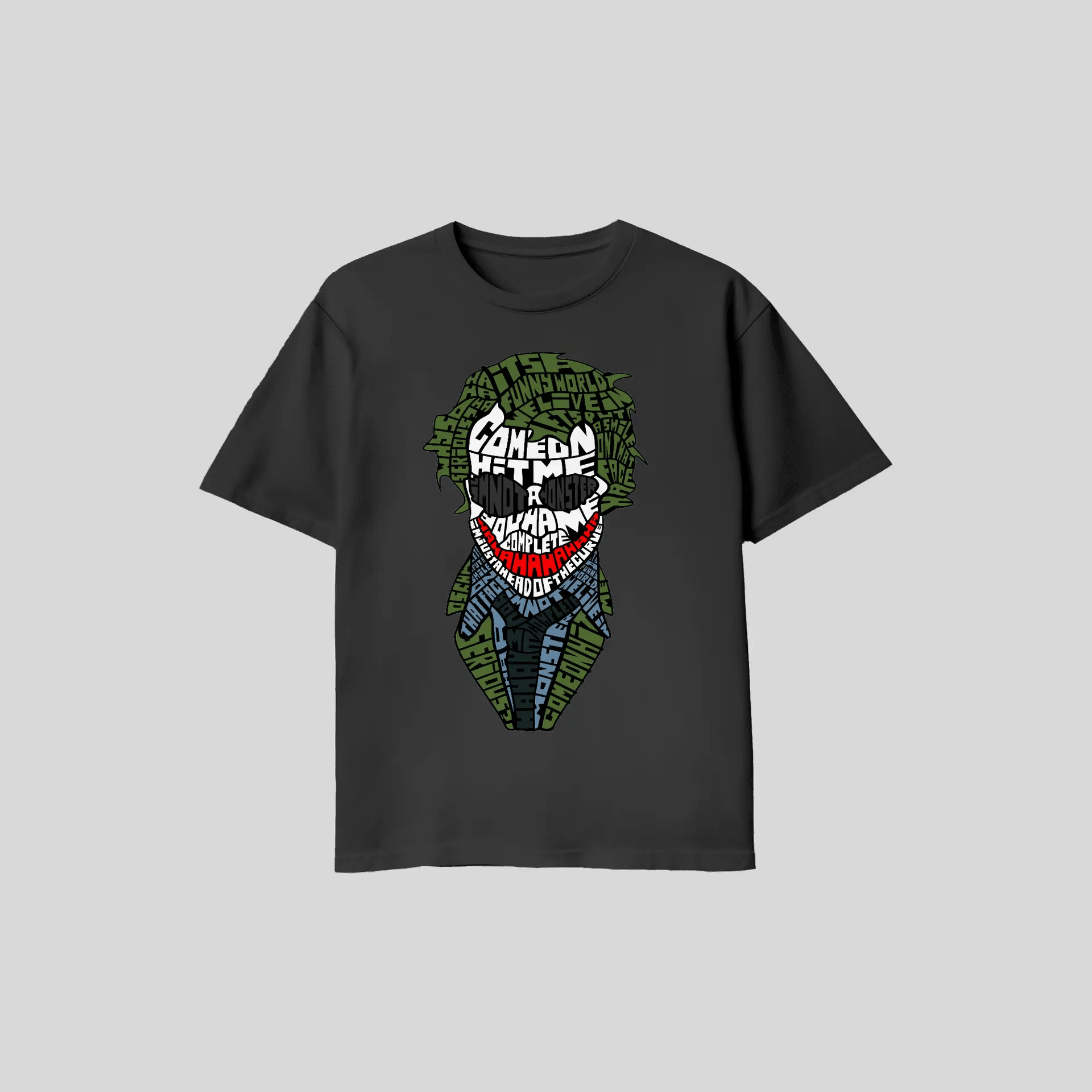 Joker Word Art T-Shirt featuring colorful typography face design, available in grey, black, and white with premium DTF print streetwear style