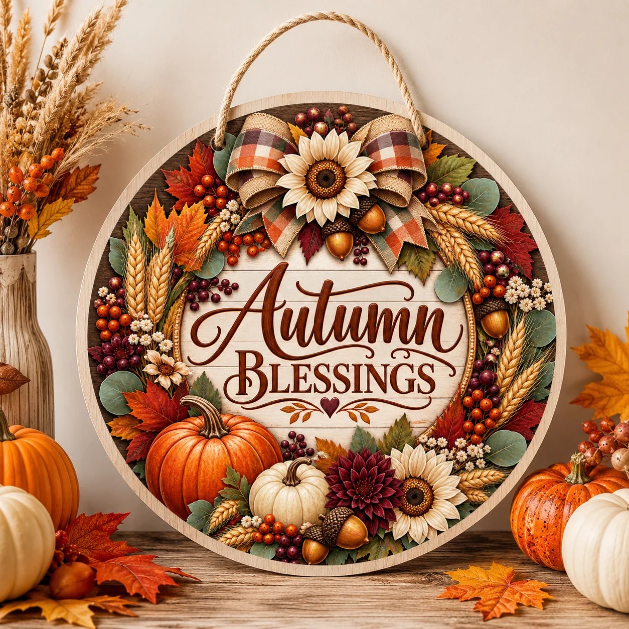 Fall round wooden door sign with colourful textured UV printing, available in 10 seasonal designs.