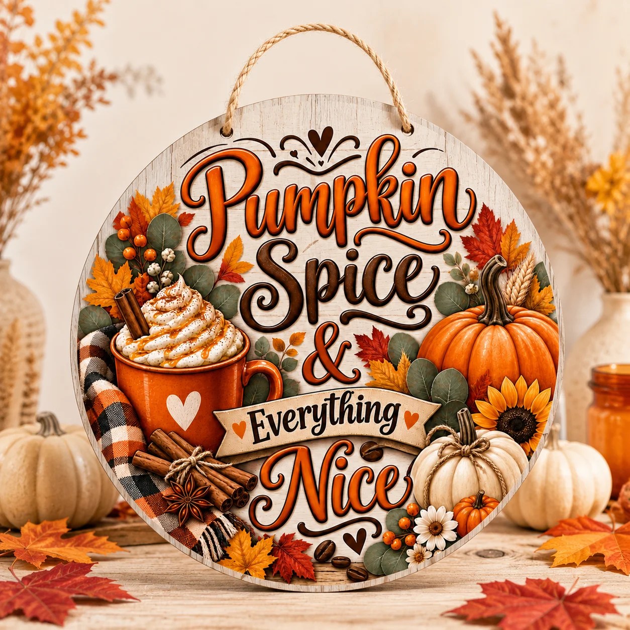 Fall round wooden door sign with colourful textured UV printing, available in 10 seasonal designs.