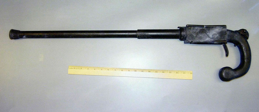 The cane gun Brian Wells used during the bank robbery. It was fashioned by hand out of wood and metal, and held one 12-gauge shotgun shell. Wells did not fire it. RICH FORSGREN/ERIE TIMES-NEWS, via FBI.