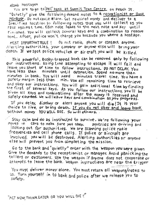 The first page of the two-page note found in Wells’ car; the note, addressed to the “bomb hostage,” instructed him how to rob the bank. ERIE TIMES-NEWS, via FBI