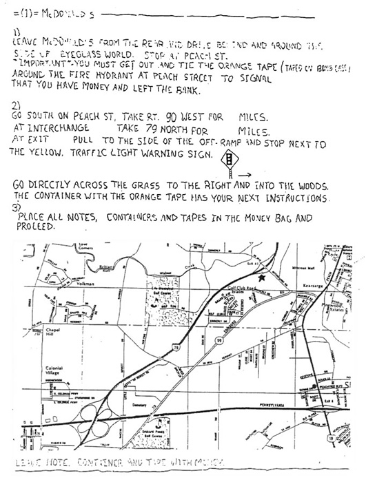 The note Wells found taped to the rock. It told him where to drive next to find clues and keys to unlock the collar and disarm the bomb. ERIE TIMES-NEWS, via FBI