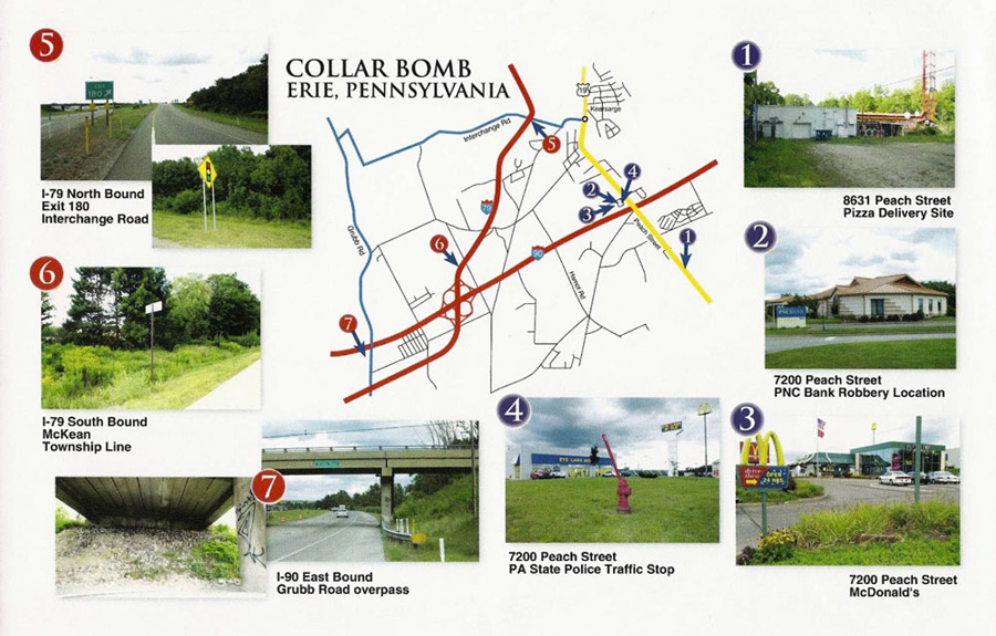 The FBI constructed this diagram to show where Brian Wells was to travel to get the keys to unlock the bomb from his neck on August 28, 2003. He never completed the journey. Agents displayed the diagram at a news conference early in the investigation. FBI photo