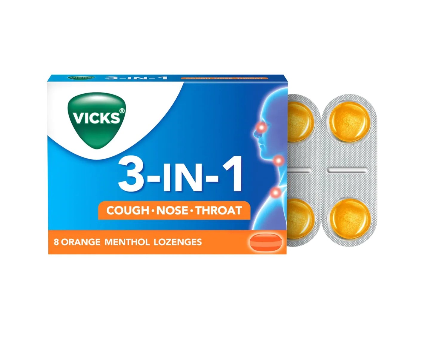 VICKS 3-IN-1 COUGH NOSE THROAT 8 ORANGE MENTHOL