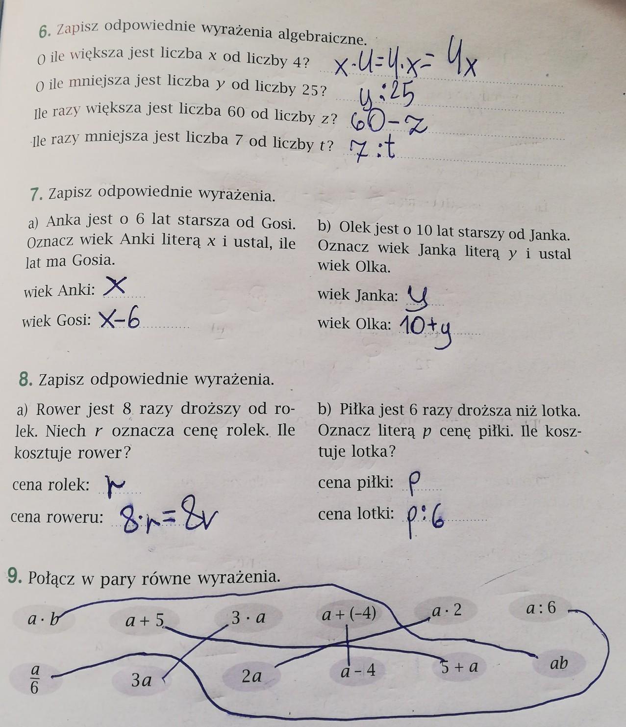 Zapisz odpowiednie wyrażenia algebraiczne.