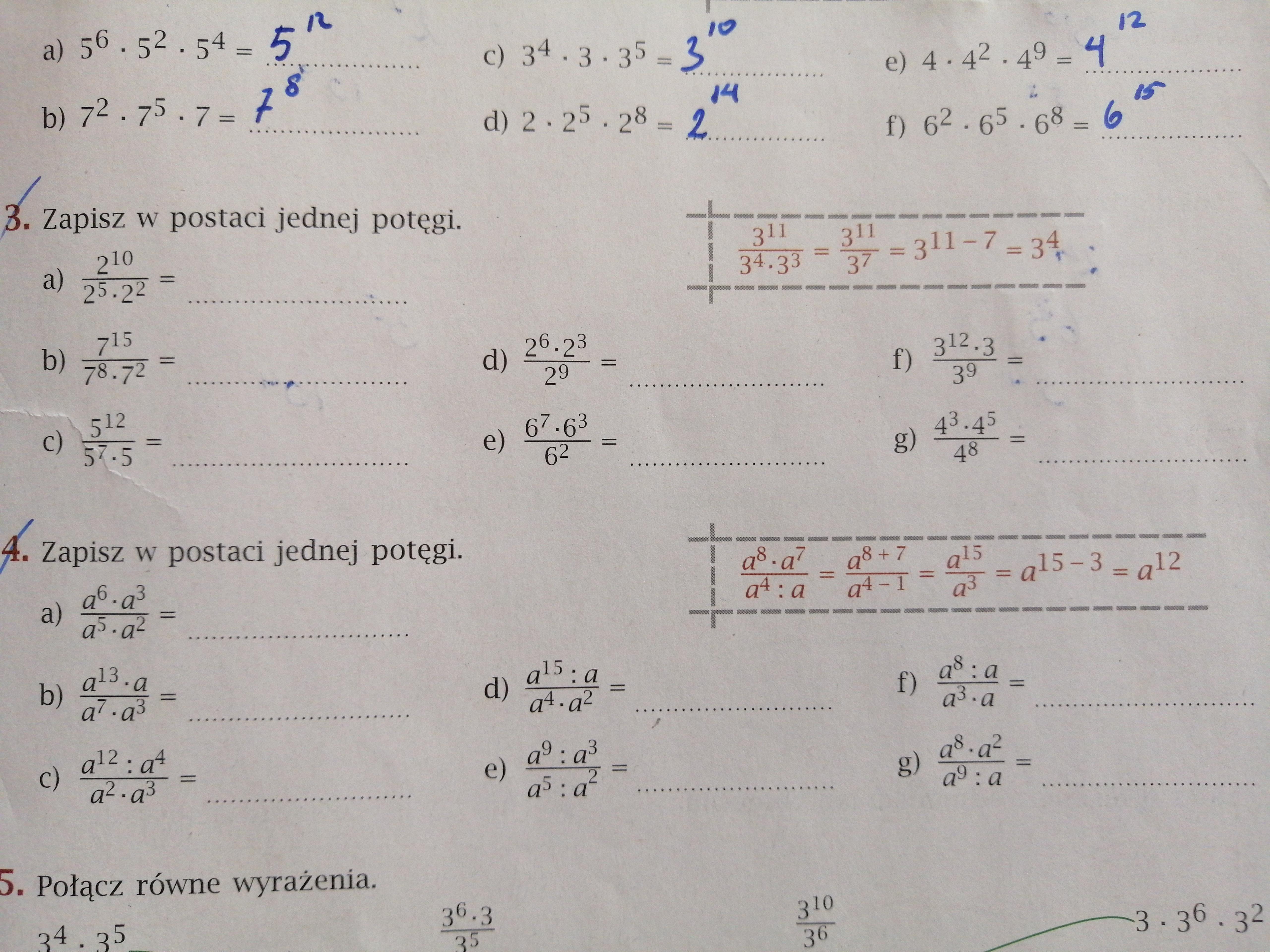 Zapisz w postaci jednej potęgi zadanie 3 i 4