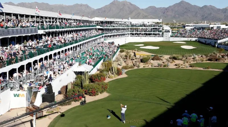 The 17th tee box at TPC Scottsdale stadium course for the 2024 Waste Management Open