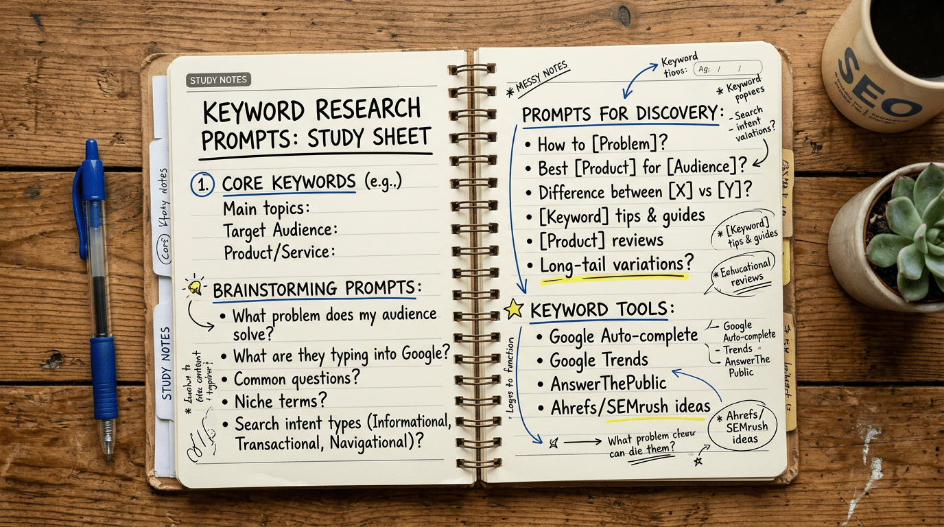 Hand-drawn notebook infographic on Keyword Research Prompts — a hand-lettered study sheet covering what it is, why it matters, how it works, the steps to follow, mistakes to avoid and a key takeaway.