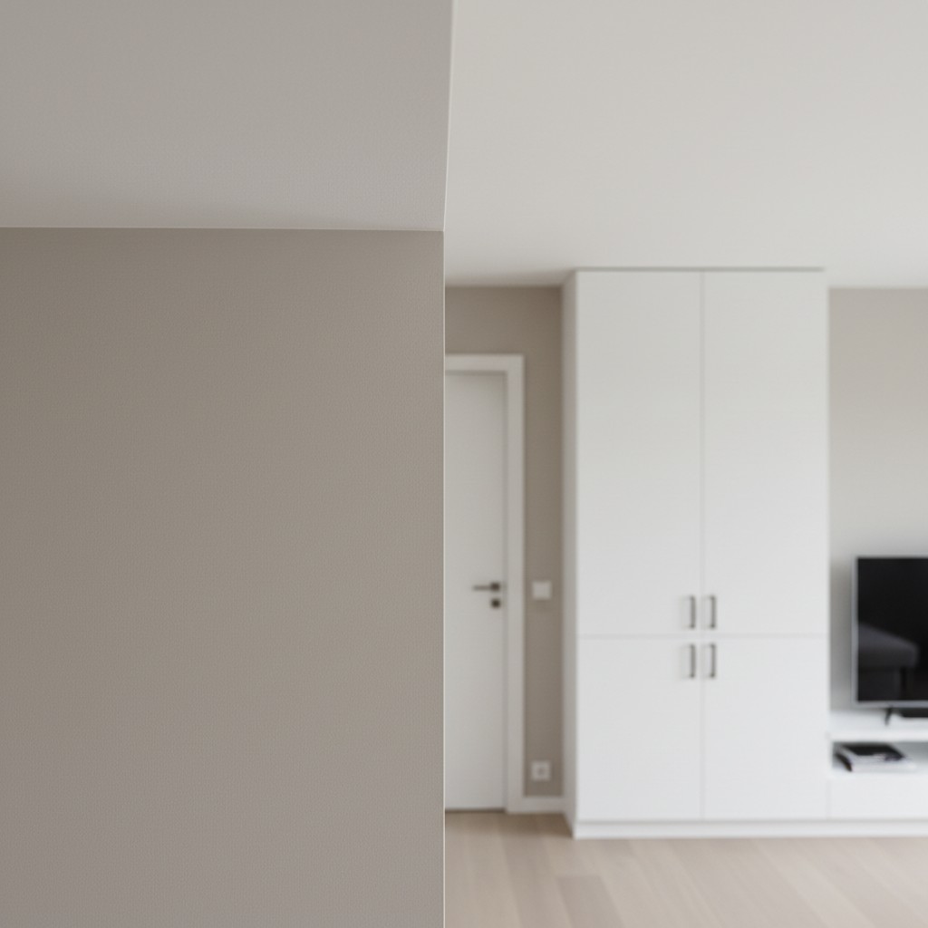 Une chambre modeste centrée sur les accents neutres parmi la couleur des murs du blanc au gris.