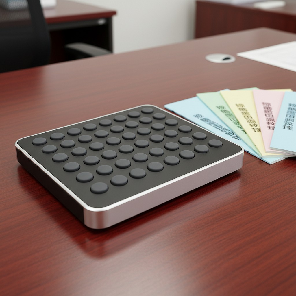 A device with multiple buttons on its surface. The short paragraph describes an image of a device with an alt text for the...