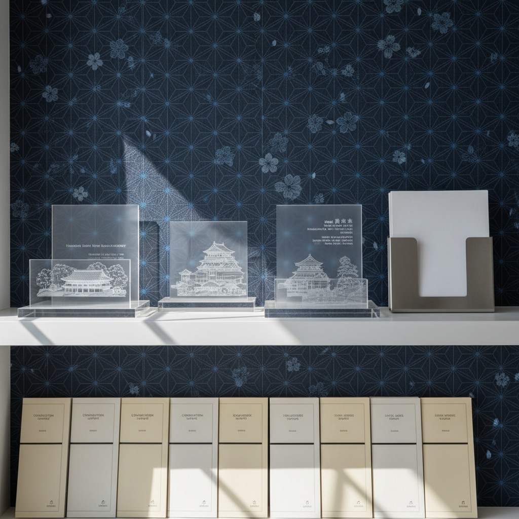 Two filled shelves in front of a wall, the top shelf white with decorative and disposable miniature packaging paper effect...