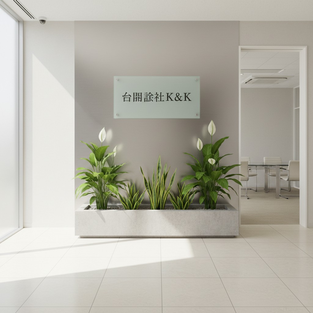 This image is a professional photograph of the entrance to a law office. It includes three potted plants, a frosted sign b...