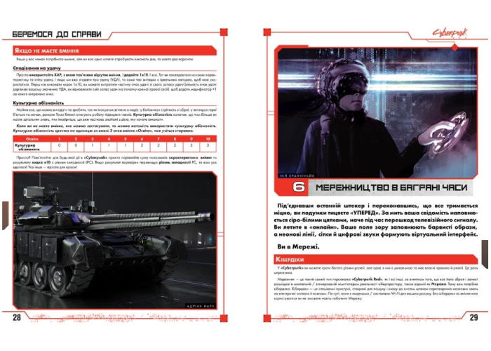 Разворот брошури настільної гри Cyberpunk RED. Стартовий набір (укр.)