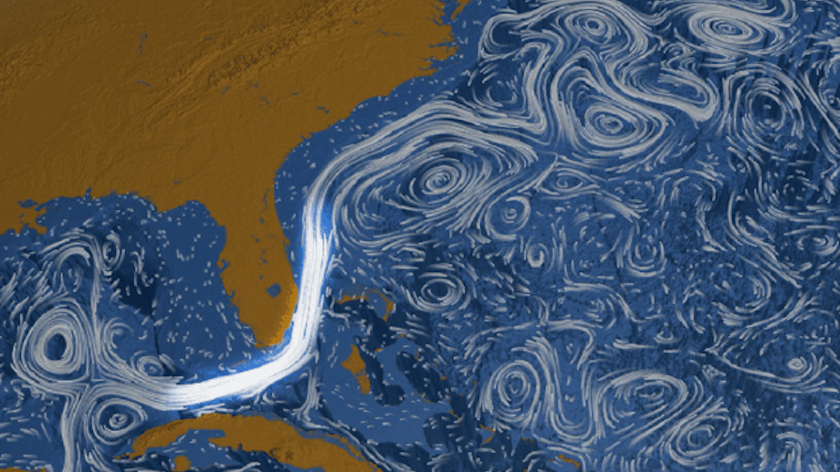Una ilustración mostrando la Corriente de Florida entre Florida y las Bahamas.