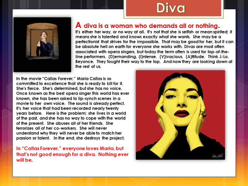 Diva - definition - (woman) - red and purple