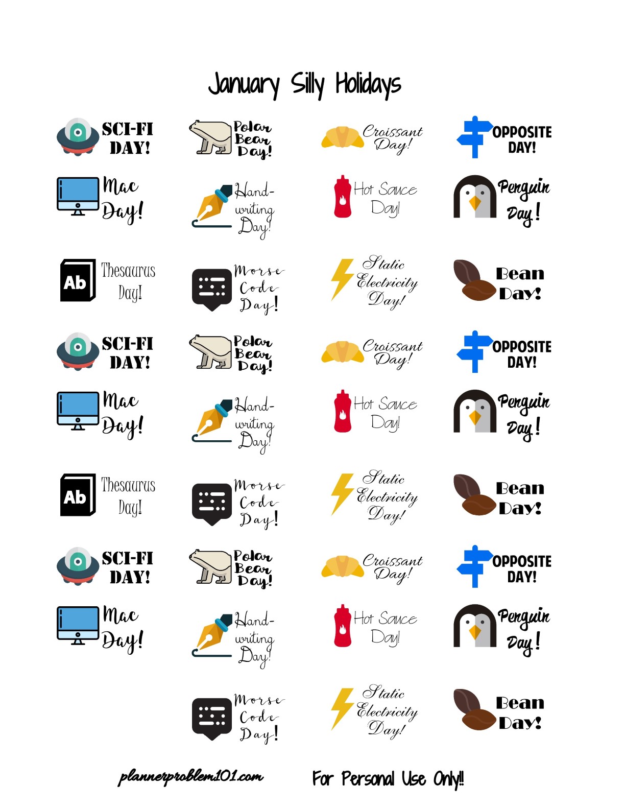 january silly holidays free printable planner stickers plannerproblem