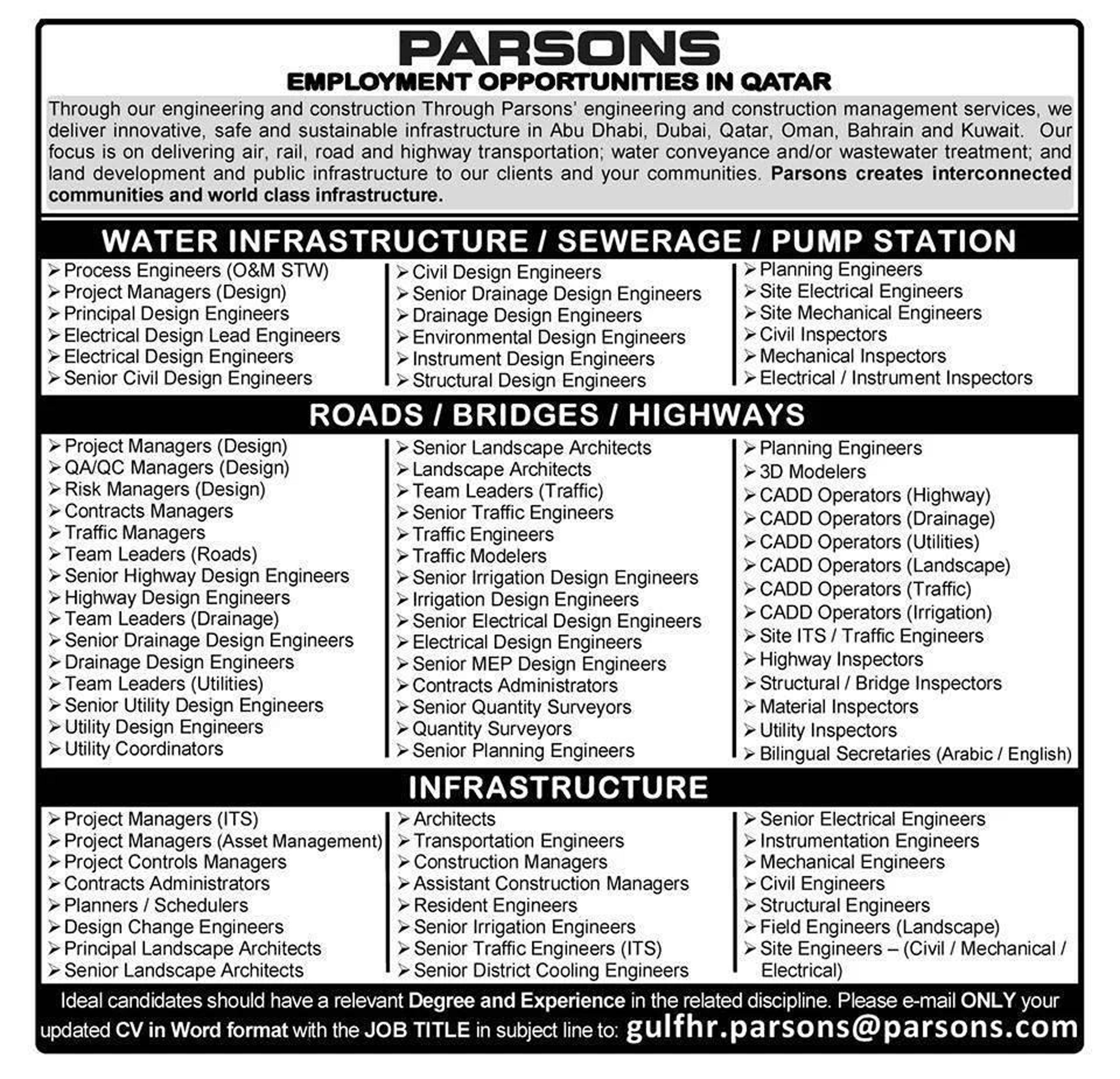 Parsons Hiring Engineers On Abu Dhabi Dubai Qatar Oman Bahrain