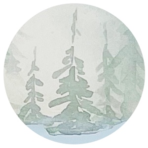 A round icon with shadowy watercolor pine trees
