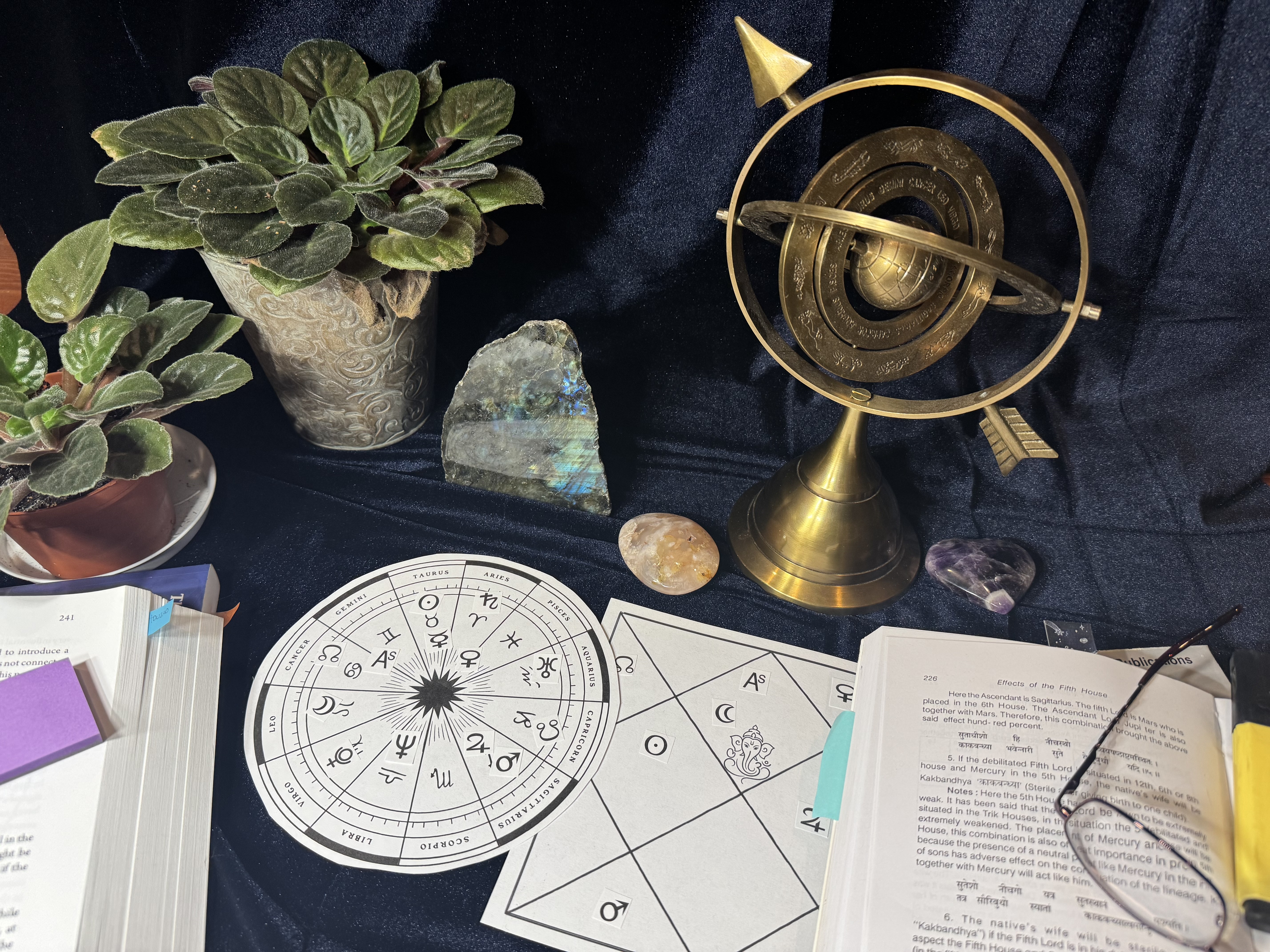 Astrology charts and study objects arranged on dark velvet